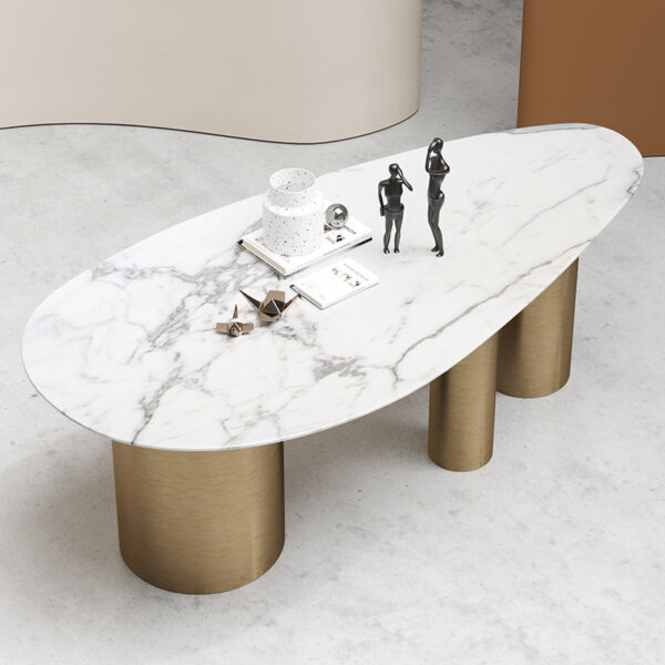 Natural Marble Dining Table Gold Cylindrical Design Table Corner