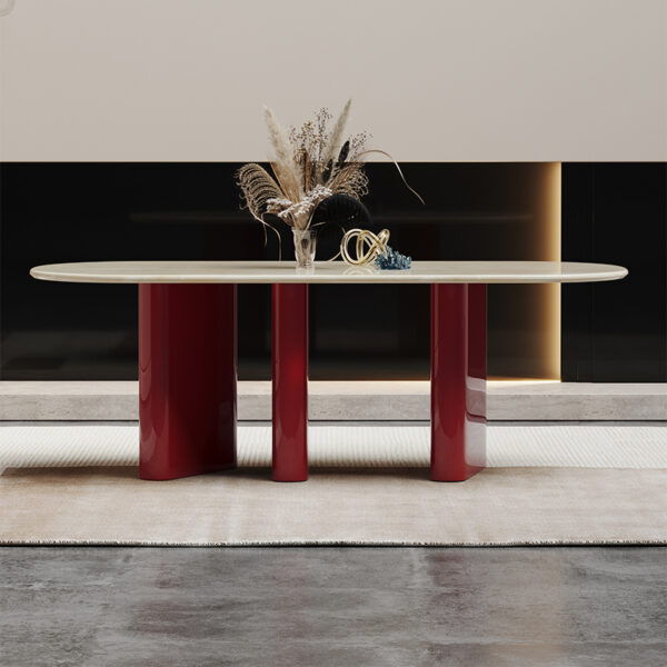 European Marble Dining Table With Red And White Color