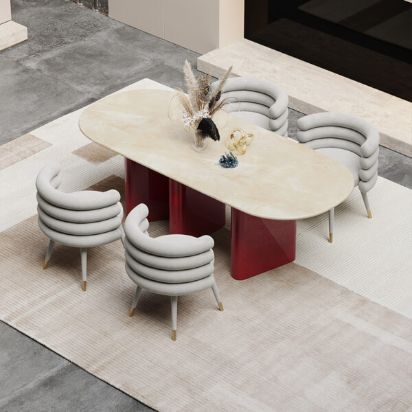 European Marble Dining Table With Red And White Color