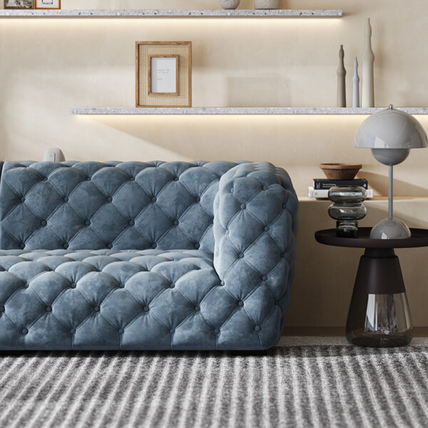 American Luxury Full Pull Button Blue Velvet Fabric Sofa