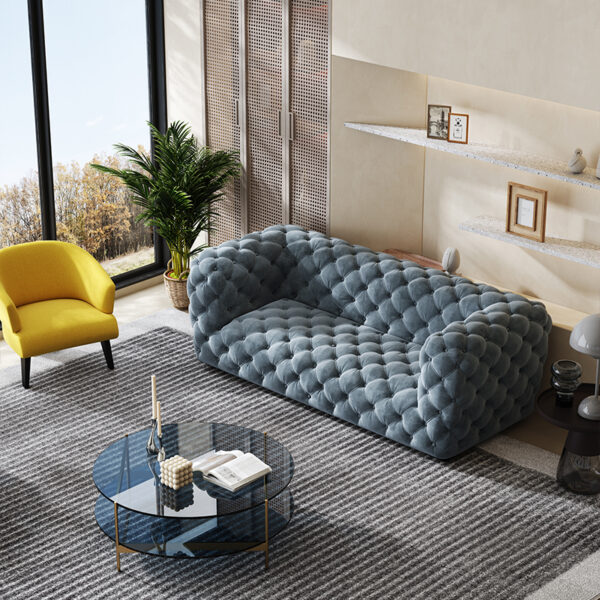 American Luxury Full Pull Button Blue Velvet Fabric Sofa