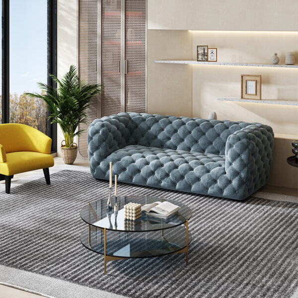 American Luxury Full Pull Button Blue Velvet Fabric Sofa