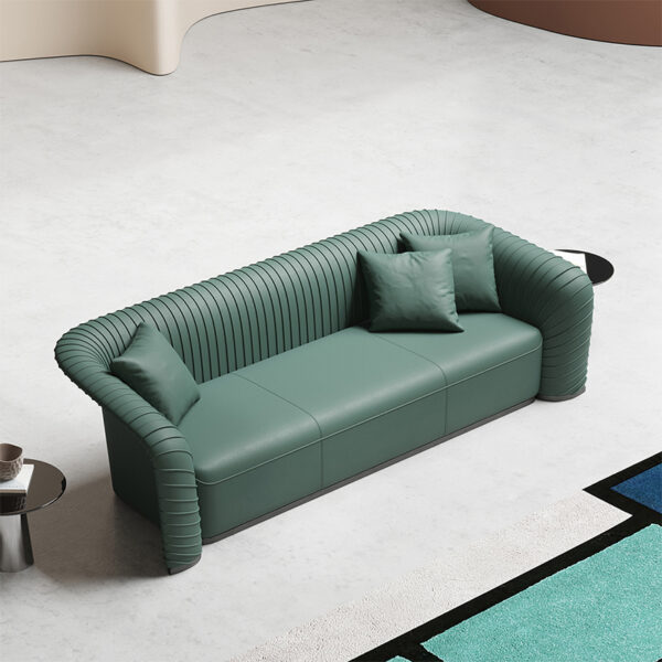 European Pleated Green Leather Sofa