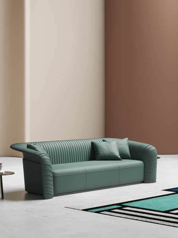 European Pleated Green Leather Sofa