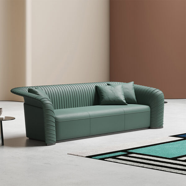 European Pleated Green Leather Sofa